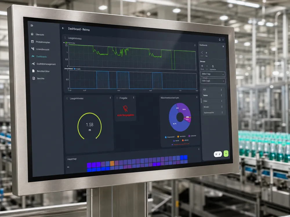 Dashboard auf einem Industrieterminal an der Linie: Verlaufskurve, Rundinstrument, Freigabestatus und Ringdiagramm der Maschinenzustände.