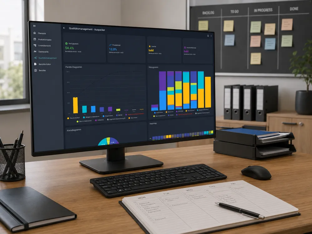 Qualitätsmanagement-Ansicht mit Verfügbarkeit und Produktivität einer Maschine, dazu Pareto-Diagramm, Histogramm und Heatmap der Stillstände.
